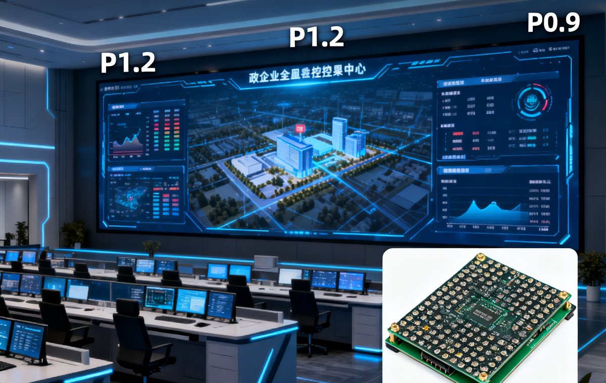 技术文章中对比了P1.2和P0.9两种规格LED大屏在政企全控中心场景下的实际显示效果差异，并展示了COB封装模组的特写照片。
