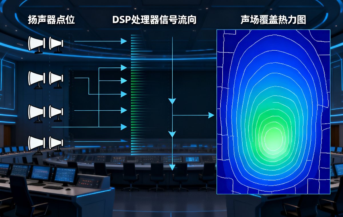 音频系统设计示意图展示了应急指挥中心扬声器点位布局、DSP处理器信号流向以及声场覆盖模拟热力图。